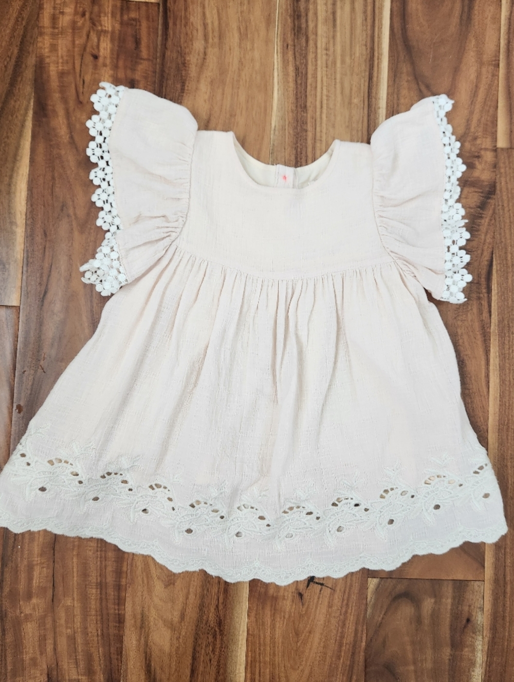Louise Misha Light Pink Dress With Lace Flutter Sleeves And Trim. 18m